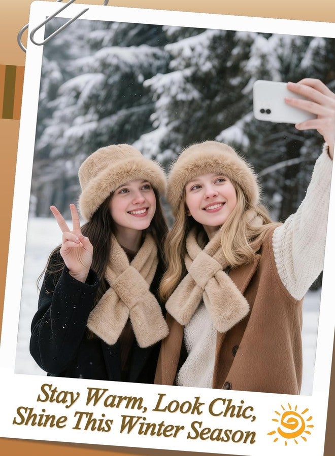 Beeplove Fur Winter Hat with Scarf for Women - Russian Style Fluffy Fuzzy Khaki Bucket Hat Gift for Christmas Girls - Image 4